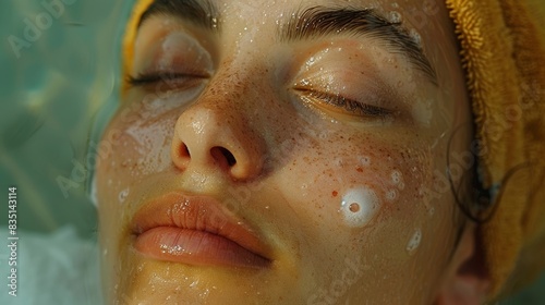 A close-up of a person's face during a relaxing spa treatment. AI generate illustration