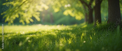 Beautiful natural spring summer widescreen background fram Green young juicyyoung grass and leaning tree twigs backlit by soft sunlight. photo