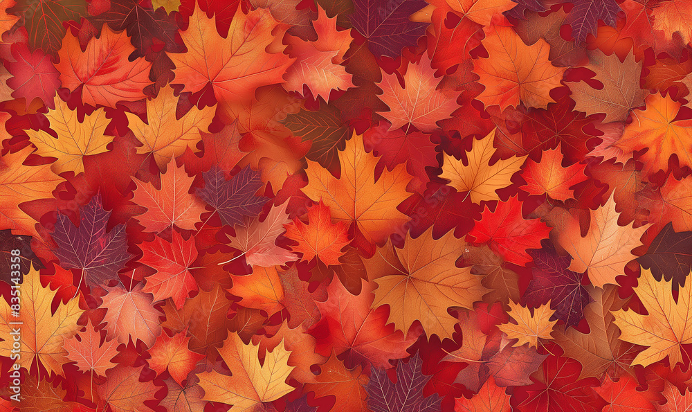 A seamless pattern of autumn leaves in red, orange and yellow colors. The background is filled with various shades of fall foliage. Each leaf has detailed textures that give it a realistic appearance A seamless pattern of autumn leaves in red, orange and yellow colors. The background is filled with various shades of fall foliage. Each leaf has detailed textures that give it a realistic appearance