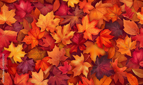 A seamless pattern of autumn leaves in red, orange and yellow colors. The background is filled with various shades of fall foliage. Each leaf has detailed textures that give it a realistic appearance