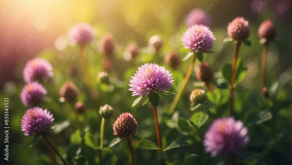 Spring wild meadow clover flowers, violet and golden colors, macro, soft focus Flowers in the sun glow with beautiful bokeh, copy space Floral romantic magic artistic image spring nature. Spring wild meadow clover flowers, violet and golden colors, macro, soft focus Flowers in the sun glow with beautiful bokeh, copy space Floral romantic magic artistic image spring nature.