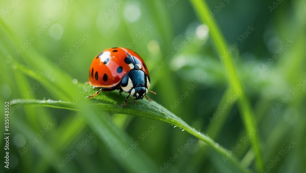 Ladybug in fluffy juicy green wild grass in nature early morning outdoors with beautiful bokeh in spring or summer, close-up macro. Ladybug in fluffy juicy green wild grass in nature early morning outdoors with beautiful bokeh in spring or summer, close-up macro.