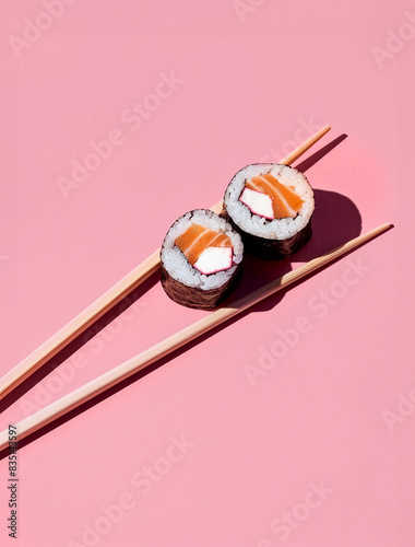 Minimal concept. Sushi rolls and chopsticks, isolated on pink background. Top view. Flat lay