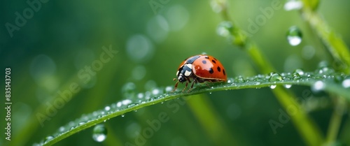 Beautiful large clean droplets of morning dew and ladybug in summer spring in green grass on nature outdoors macro Drops of water on grass, natural wallpaper, copy space. photo