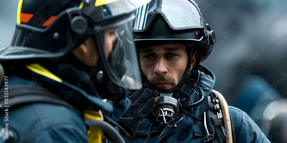 Firefighter assisting partner with gear adjustments for tailored fit Creative banner. Concept Firefighters, Teamwork, Gear Adjustments, Tailored Fit, Creative Banner