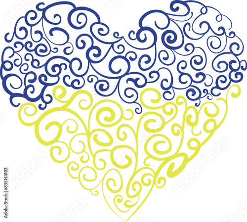 Spiral textured two tones heart in Ukrainian flag colors on transparent background