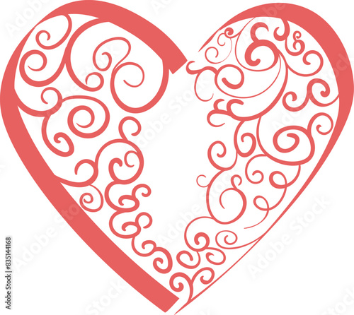 Spiral textured red heart in frame for Valentines Day gritting card on transparent background