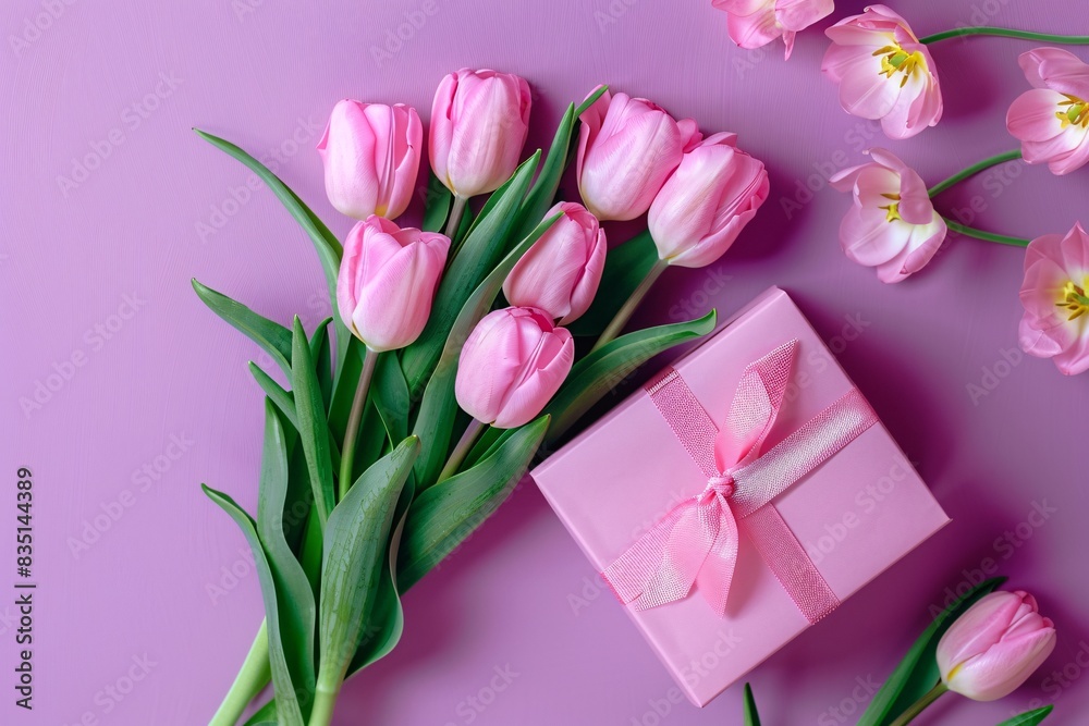 a bouquet of pink tulips next to a pink gift box a bouquet of pink tulips next to a pink gift box