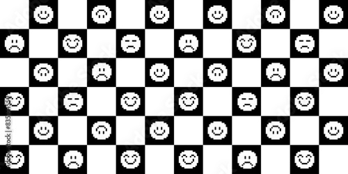Pixel art emoji seamless pattern in black and white colors. Smile icons. Various emoji. Sad and happy faces. 8-bit retro style vector illustration. Mood of 90's aesthetics