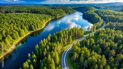 Aerial view of road with green woods by blue lakes water in summer Finland.