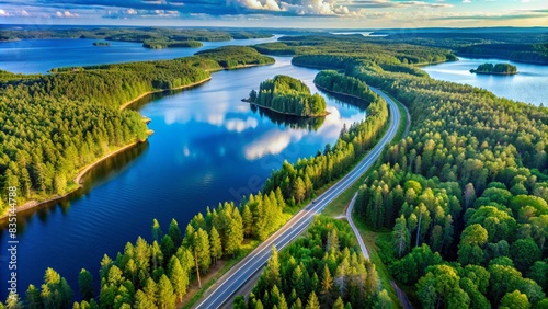 Aerial view of road with green woods by blue lakes water in summer Finland.