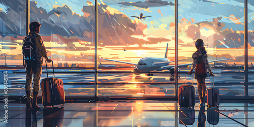 Wallpaper Mural Airport at Sunset with Airplane in Background, Featuring Travelers Waiting to Board and a Cityscape Filled with Colorful Planes Torontodigital.ca