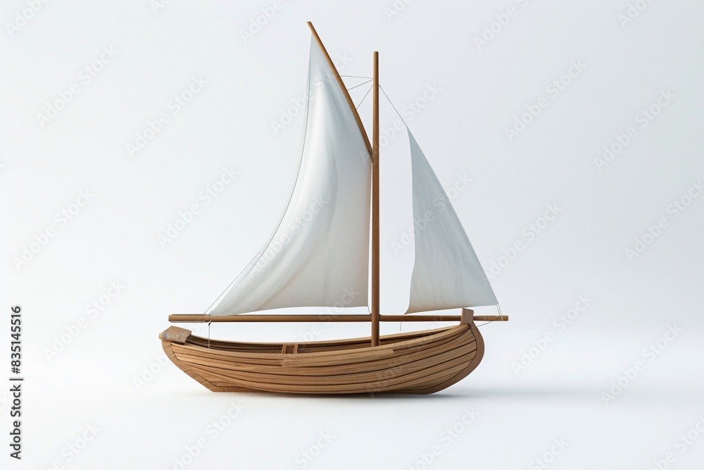a wooden boat with white sails