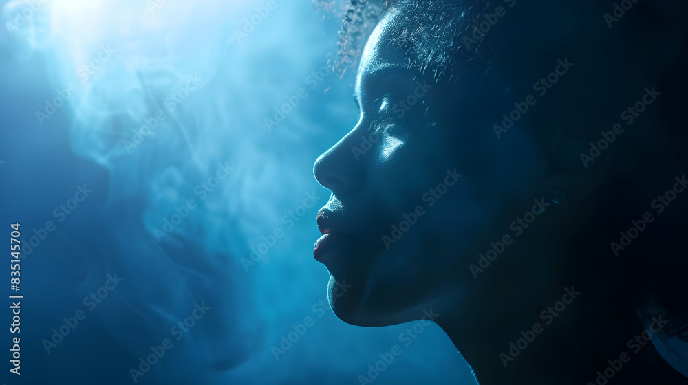 Photo realist as patient: Profile blending light shadow, symbolizing hope challenges living with severe illness. Ideal for healthcare ads. Photo realist as patient: Profile blending light shadow, symbolizing hope challenges living with severe illness. Ideal for healthcare ads.