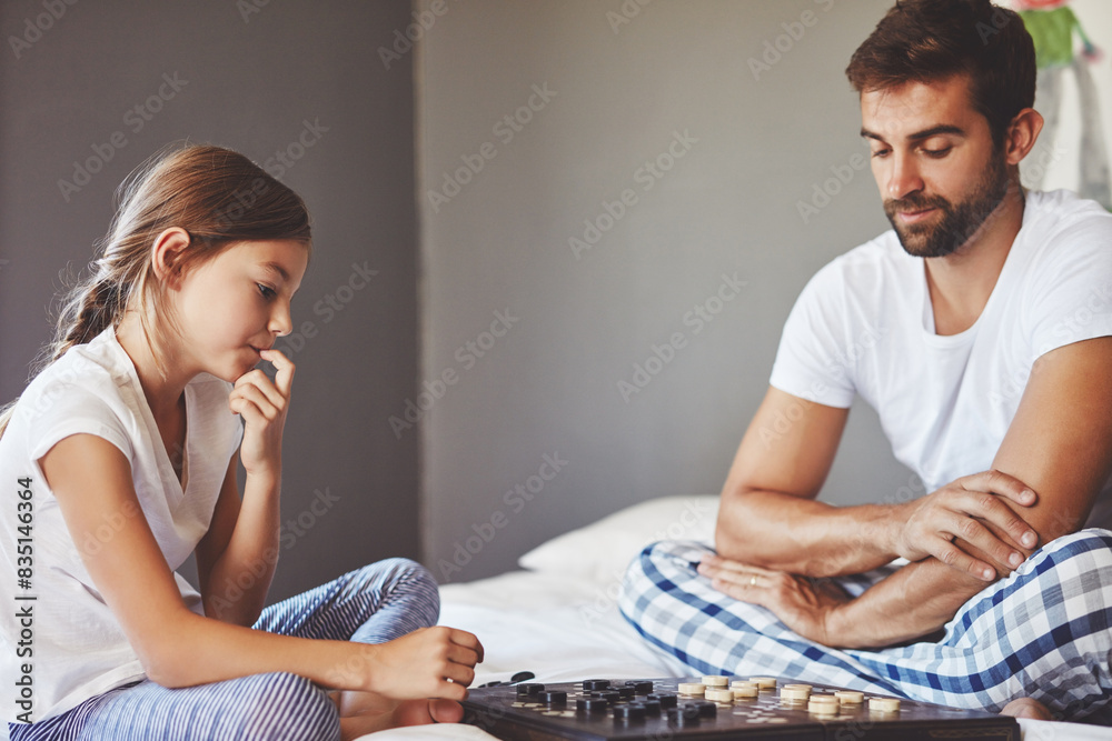 Thinking, child and father with checkers in home for teaching, playing and learning for childhood development. Bedroom, dad and daughter with board game for competition, problem solving and bonding Thinking, child and father with checkers in home for teaching, playing and learning for childhood development. Bedroom, dad and daughter with board game for competition, problem solving and bonding