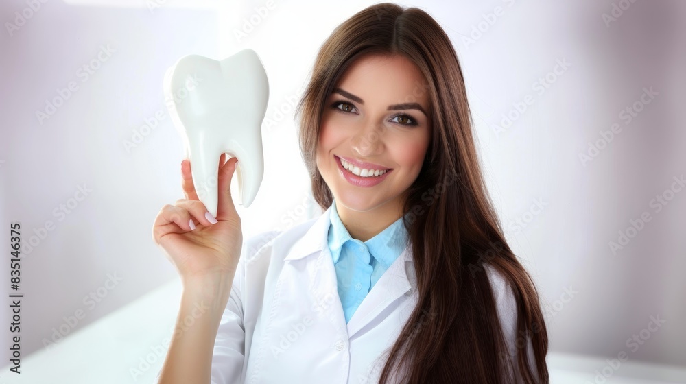 A Brazilian female dentist holding a tooth model at modern clinic A Brazilian female dentist holding a tooth model at modern clinic