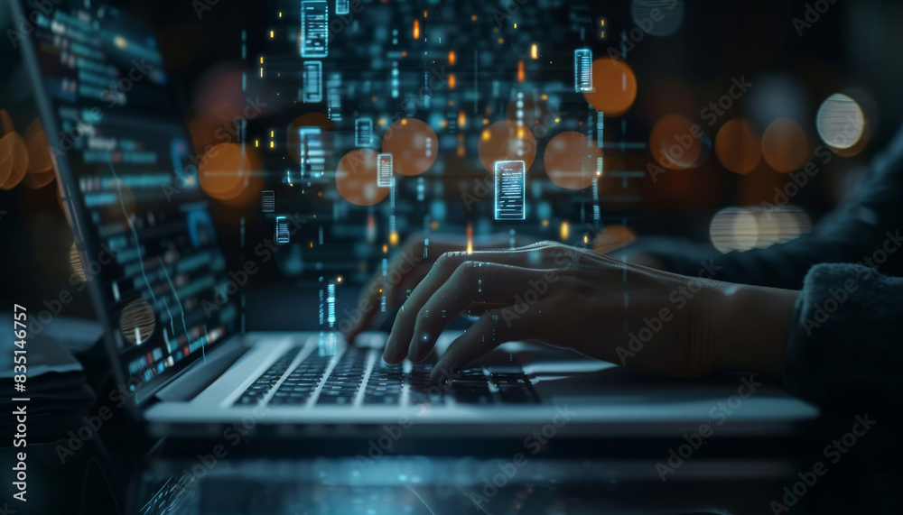 Person typing on laptop with digital elements floating around, Concept of cybersecurity by AI generated image Person typing on laptop with digital elements floating around, Concept of cybersecurity by AI generated image