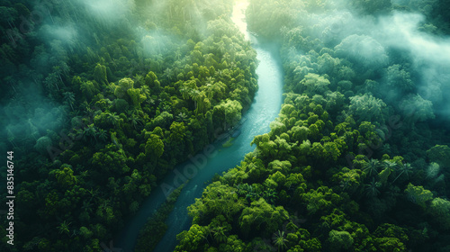 The photo shows a top view of the forest with the river flowing through it. The weather is foggy and the sun is shining through the clouds. photo