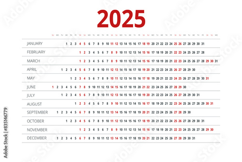 Calendar planner for 2025. Vector Stationery Design Print 2025 Template with Place for Photo, Your Logo and Text. Calendar design 2025