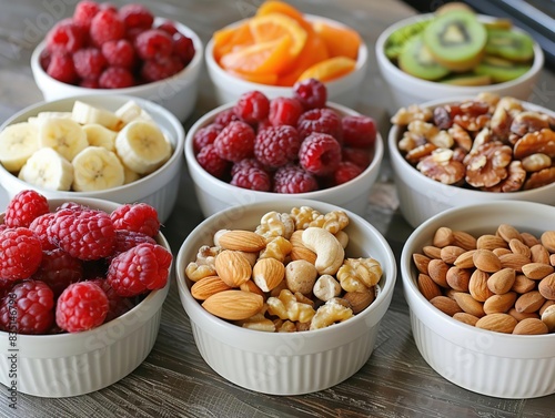 Assortment of healthy snacks in bowls, including fruit, nuts, and seeds.
