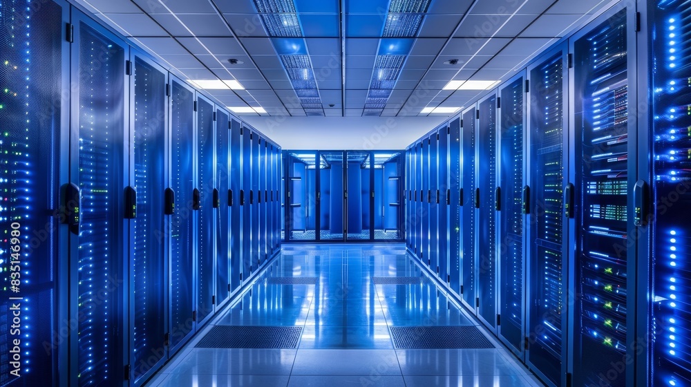 A long hallway with many computer servers A long hallway with many computer servers