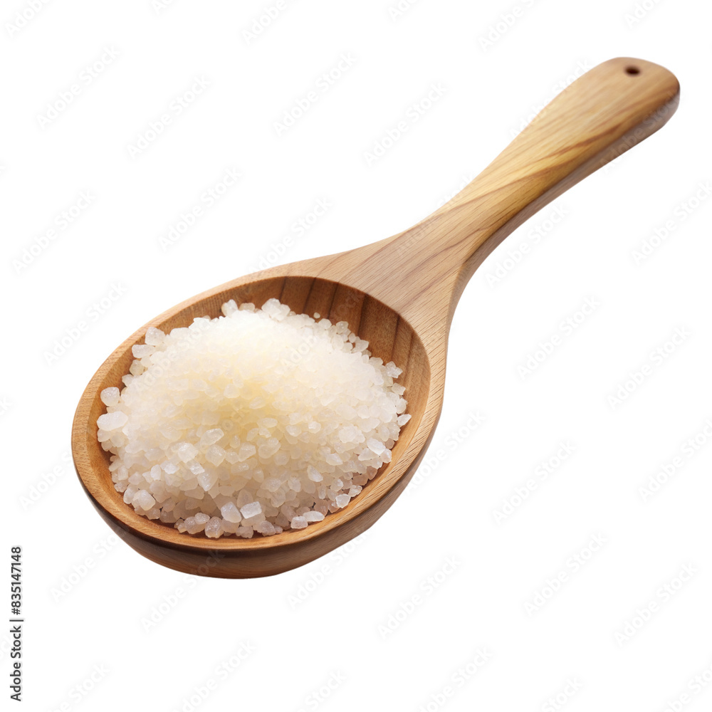 A wooden spoon filled with coarse sea salt grains on a transparent background, highlighting the texture and natural materials A wooden spoon filled with coarse sea salt grains on a transparent background, highlighting the texture and natural materials