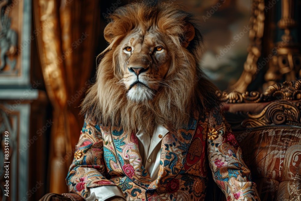 A majestic lion, groomed to perfection, poses regally in a luxurious, colorful suit with intricate patterns, set against an opulent English manor backdrop A majestic lion, groomed to perfection, poses regally in a luxurious, colorful suit with intricate patterns, set against an opulent English manor backdrop