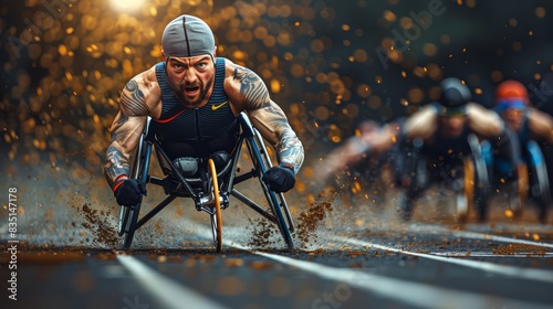 Photo of a physically fit man competing in a wheelchair race and winning. Sports competition concept, inspiration, warm light background, competition, determination, victory.