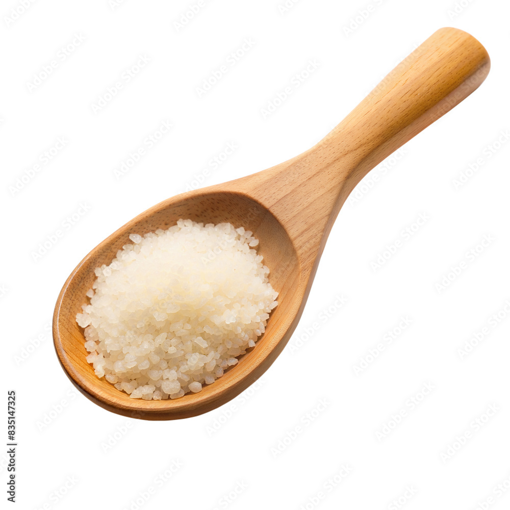 A wooden spoon filled with coarse salt, placed on a transparent background A wooden spoon filled with coarse salt, placed on a transparent background