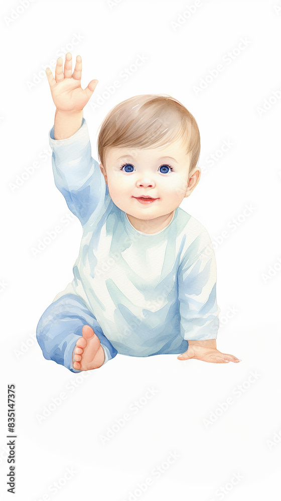 watercolor of A smiling baby boy sitting and waving with one hand. He is wearing a blue and white onesie. A perfect image for innocence and childhood. watercolor of A smiling baby boy sitting and waving with one hand. He is wearing a blue and white onesie. A perfect image for innocence and childhood.