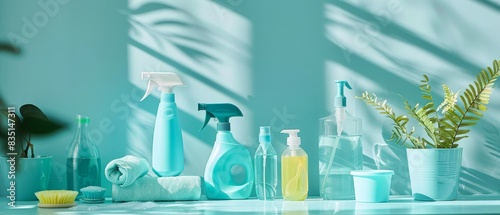 Display of cleaning tools like gels sprays and gloves for housecleaning