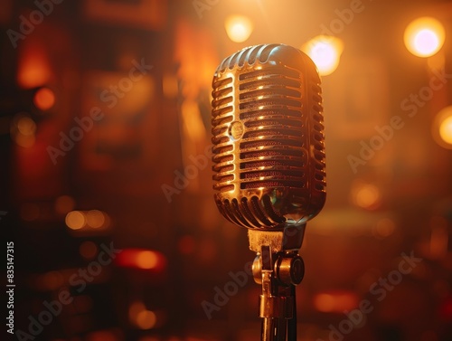 Intimate close-up of a stage microphone, bathed in warm light on a cabaret stage, ideal for a comedy show, showcasing its vintage design