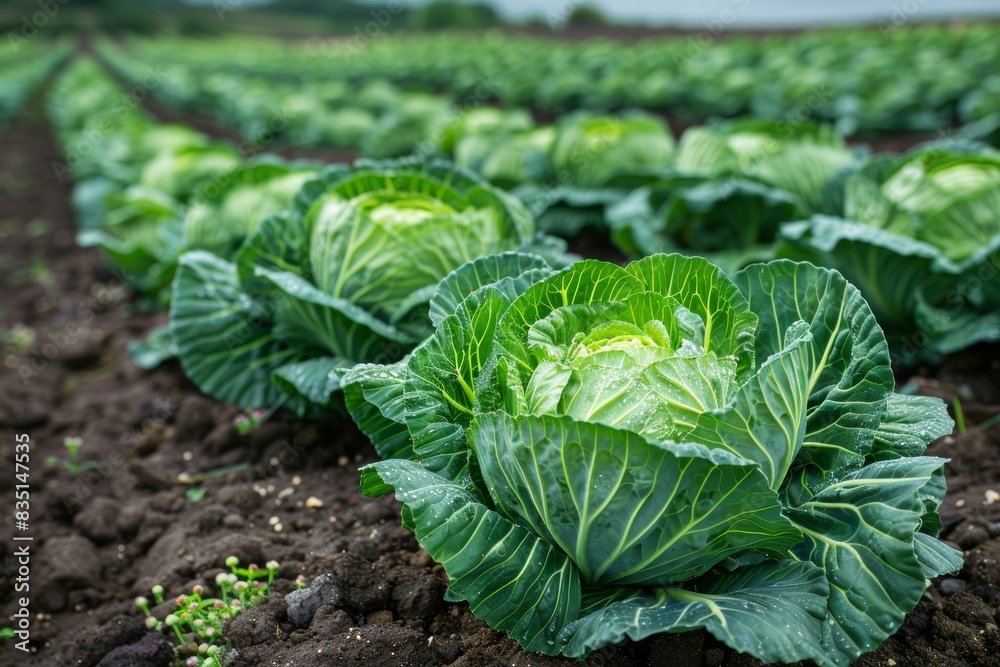 An impressive image featuring rows of award-winning organic cabbages in a well-maintained agricultural field, emphasizing the dedication and quality of eco-friendly farming practices An impressive image featuring rows of award-winning organic cabbages in a well-maintained agricultural field, emphasizing the dedication and quality of eco-friendly farming practices