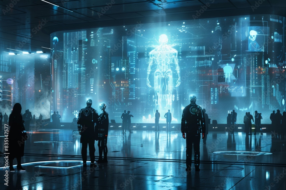 A futuristic conference scene featuring AI-powered robots and metahumans engaging in discussions about cutting-edge technology, with holographic displays and sleek, sci-fi design elements A futuristic conference scene featuring AI-powered robots and metahumans engaging in discussions about cutting-edge technology, with holographic displays and sleek, sci-fi design elements