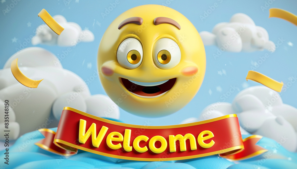 Formulate a 3D luxury yellow emoji with an open, inviting expression ...