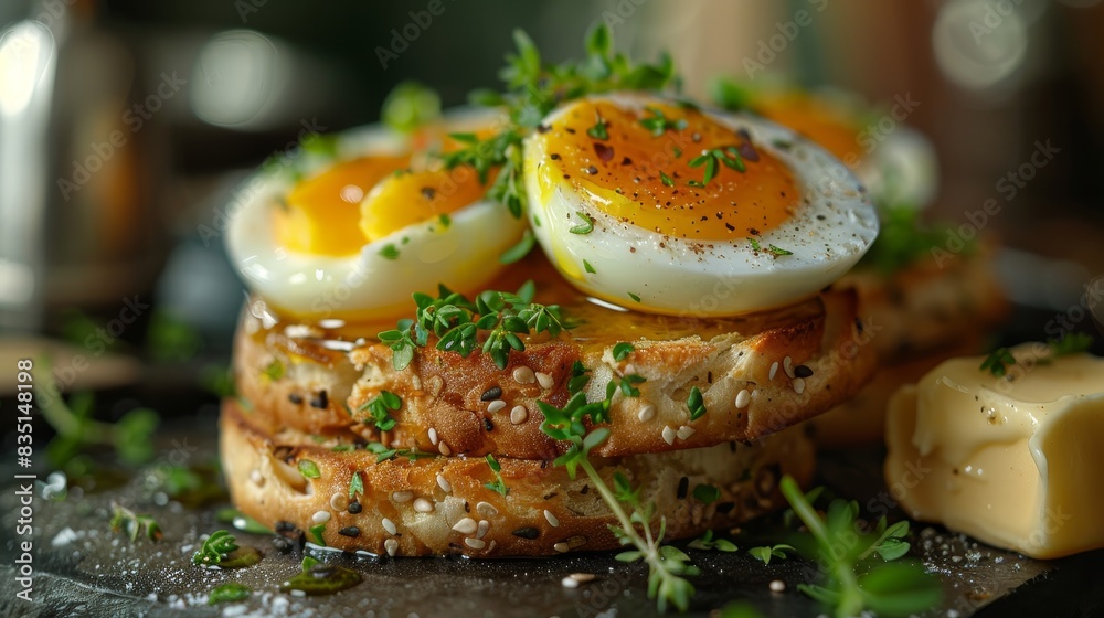 High-definition close-up of a toasted muffin, double soft-boiled eggs, and melting butter, highlighting the delicious textures High-definition close-up of a toasted muffin, double soft-boiled eggs, and melting butter, highlighting the delicious textures