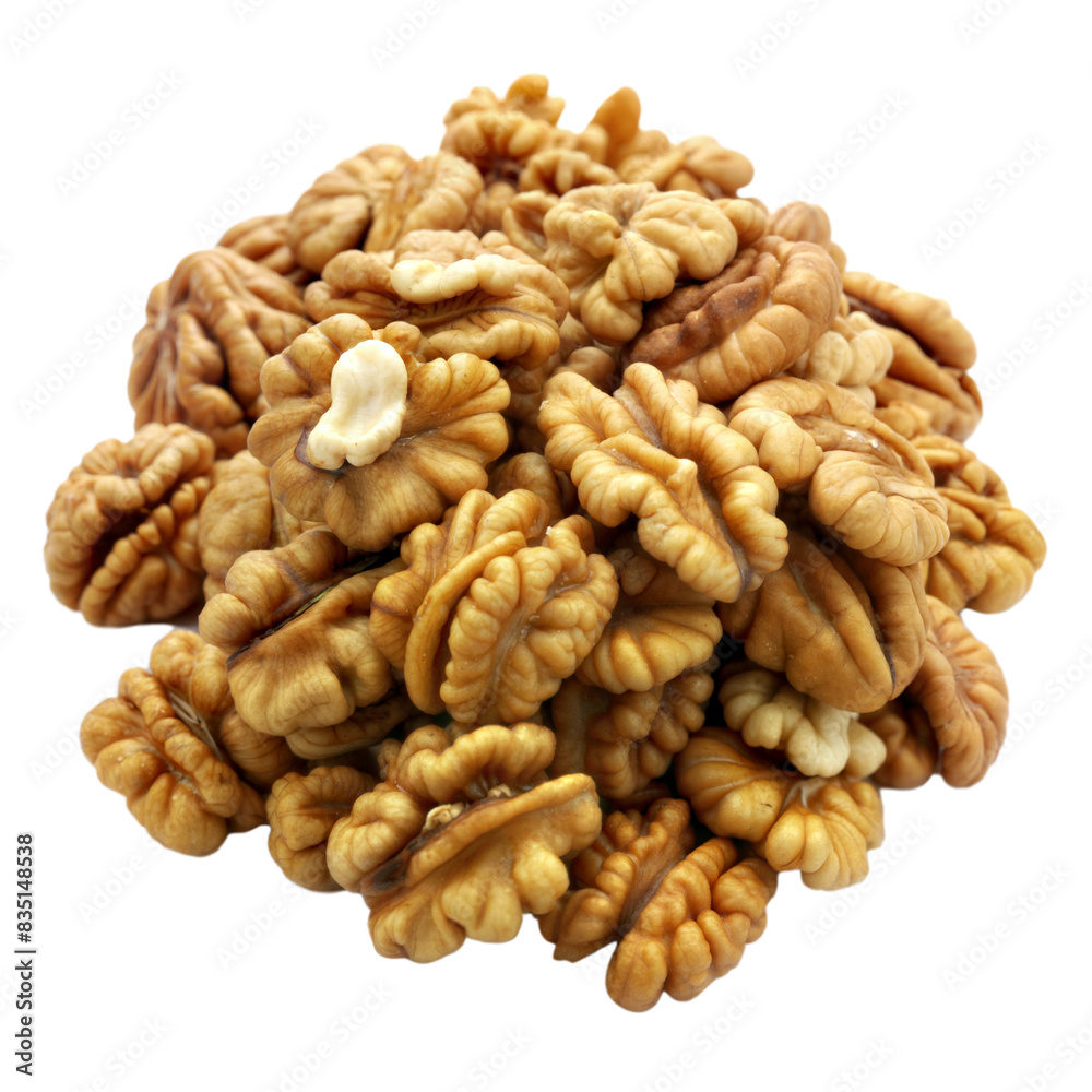 A mound of freshly shelled walnuts is displayed on a transparent background, highlighting their texture A mound of freshly shelled walnuts is displayed on a transparent background, highlighting their texture