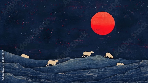 Surrealist depiction of insomnia with sheep jumping, Concept art of insomnia with sheep and red sun and stars in a deep blue sky, minimalism illustration