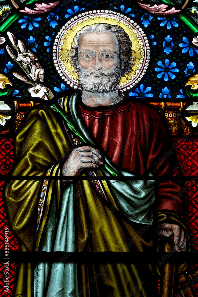 A stained glass of Saint Joseph . Vitrail de Saint Joseph