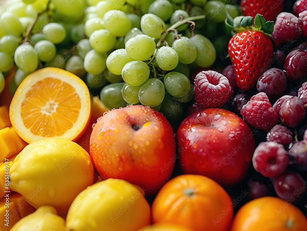 Assortment of fresh fruits, including grapes, oranges, apples, lemons, and raspberries. Assortment of fresh fruits, including grapes, oranges, apples, lemons, and raspberries.