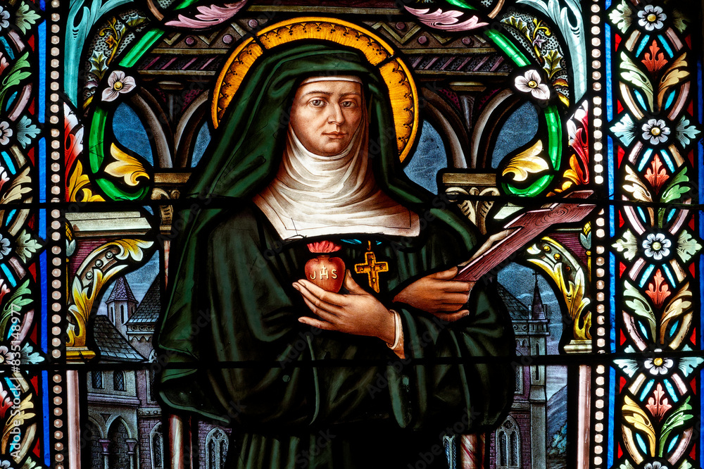 A stained glass of St. Jane Frances de Chantal, founder of the Visitation Order. Vitrail de Sainte Jeanne de Chantal,fondateur de la Visitation.