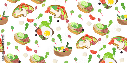 Sandwiches with bread, egg, mushroom, greens, bell pepper, tomato, sliced vegetables. Appetizer food on white seamless pattern. Snacks. Fast food. Cooking lunch, dinner, breakfast. Vector illustration