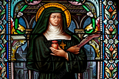 A stained glass of St. Jane Frances de Chantal  founder of the Visitation Order. Vitrail de Sainte Jeanne de Chantal fondateur de la Visitation.