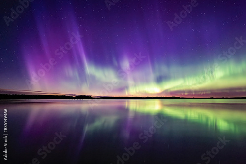 Northern lights dancing over calm lake in Farnebofjarden national park in north of Sweden. photo