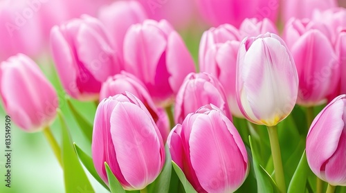 close-up of colorful pale pink tulips  field of flowers in spring
