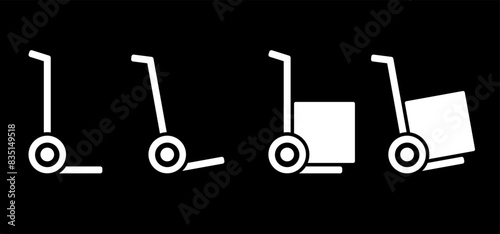 Heavy lifting, unloading cargo, easy transport service and storage. Hand trolley or hand truck. Cartoon industrial tool for manual moving boxes. Baggage transportation. magazine, platform trolley