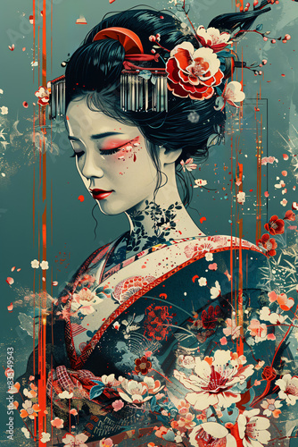 illustration of a geisha with sakura flowers, portrait of a japanese woman