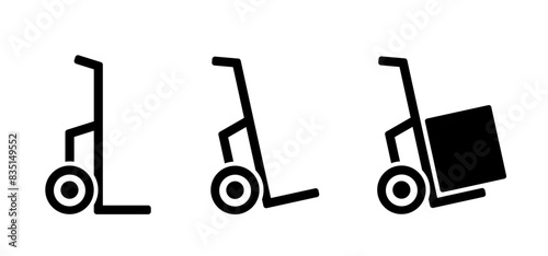 Heavy lifting, unloading cargo, easy transport service and storage. Hand trolley or hand truck. Cartoon industrial tool for manual moving boxes. Baggage transportation. magazine, platform trolley