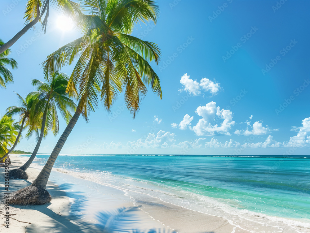 Palm Trees and Ocean View in Tropical Paradise, Blue Sky Blue Ocean Palm Trees and Ocean View in Tropical Paradise, Blue Sky Blue Ocean
