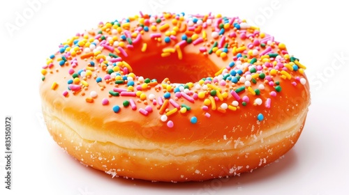 Orange frosted donut with sprinkles on a white background